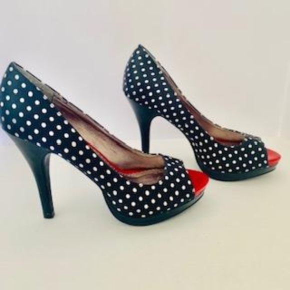 Rampage Black/White Polka Dot Platform Peep Toe - Picture 3 of 8